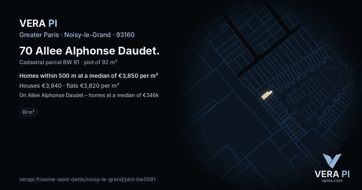 70 Allee Alphonse Daudet, Noisy-le-Grand at night – the plot lit, the parcels around coloured by the prices near them