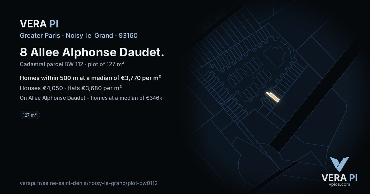8 Allee Alphonse Daudet, Noisy-le-Grand at night – the plot lit, the parcels around coloured by the prices near them
