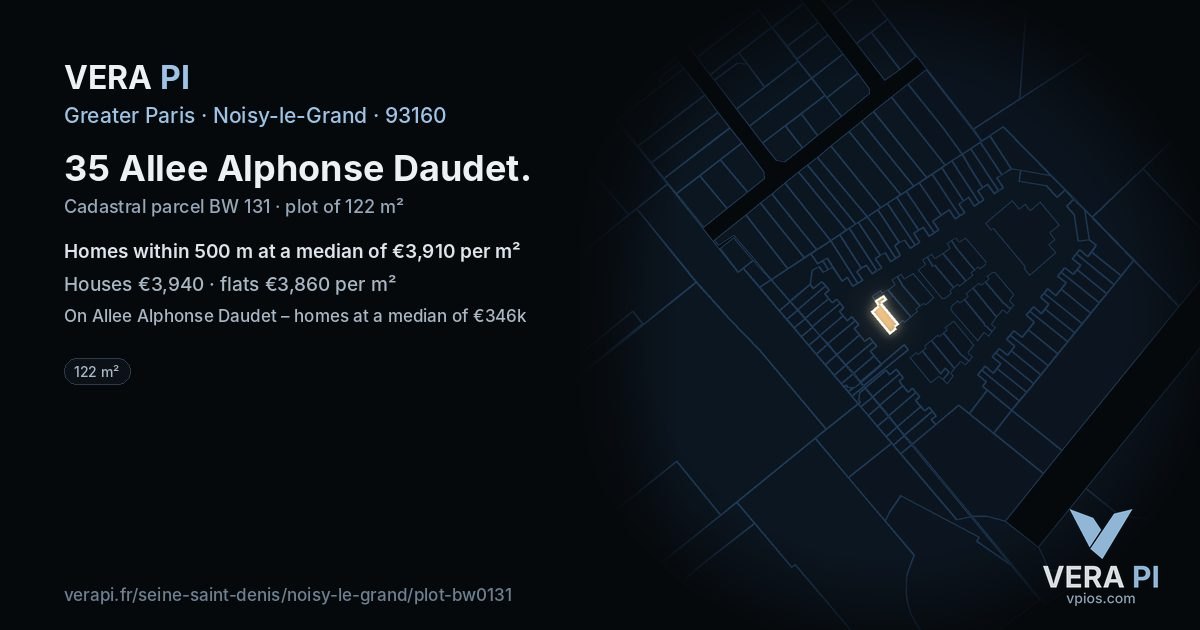 35 Allee Alphonse Daudet, Noisy-le-Grand at night – the plot lit, the parcels around coloured by the prices near them
