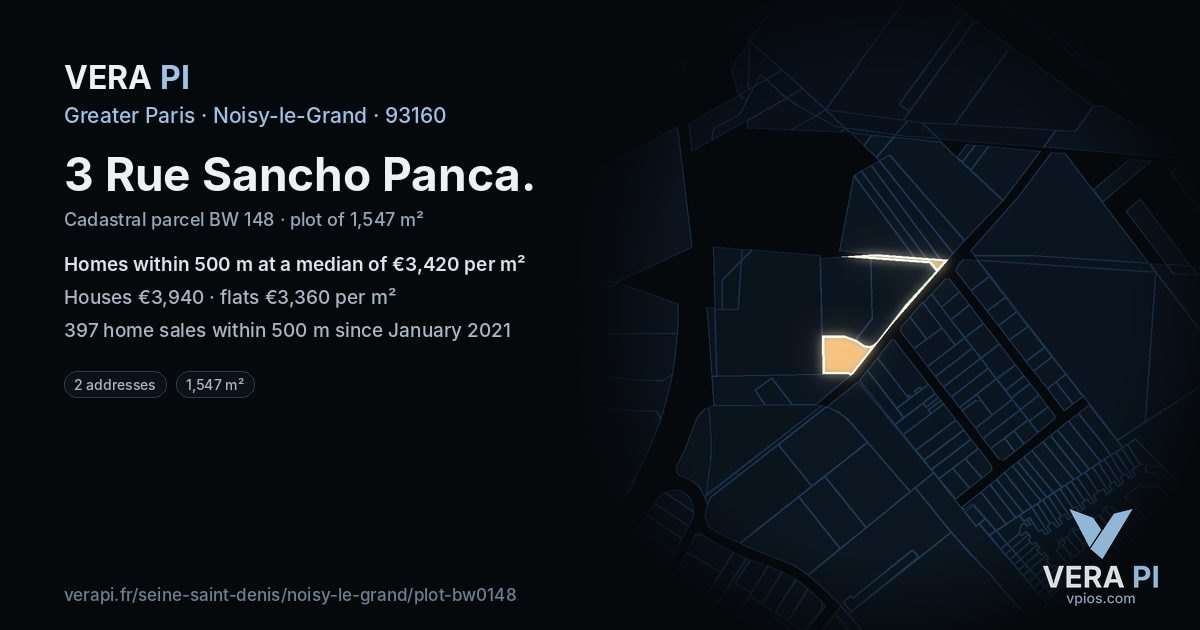 3 Rue Sancho Panca, Noisy-le-Grand at night – the plot lit, the parcels around coloured by the prices near them