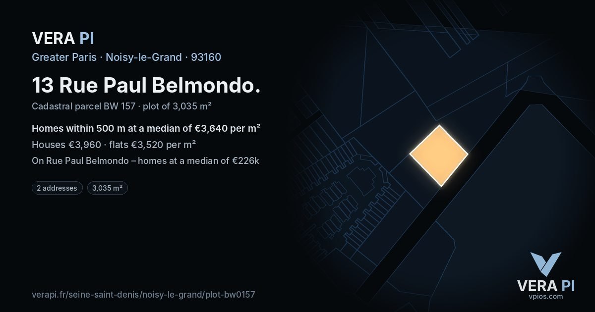 13 Rue Paul Belmondo, Noisy-le-Grand at night – the plot lit, the parcels around coloured by the prices near them