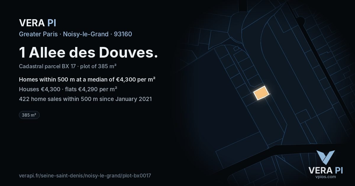 1 Allee des Douves, Noisy-le-Grand at night – the plot lit, the parcels around coloured by the prices near them