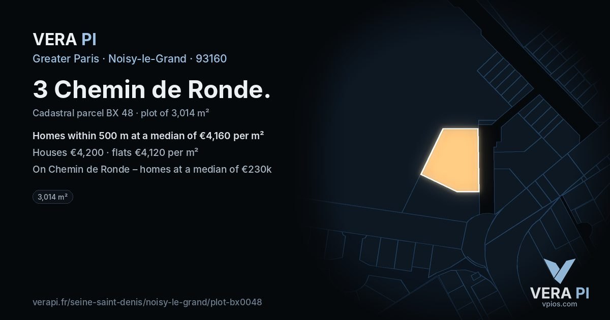3 Chemin de Ronde, Noisy-le-Grand at night – the plot lit, the parcels around coloured by the prices near them