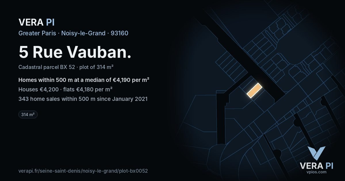 5 Rue Vauban, Noisy-le-Grand at night – the plot lit, the parcels around coloured by the prices near them