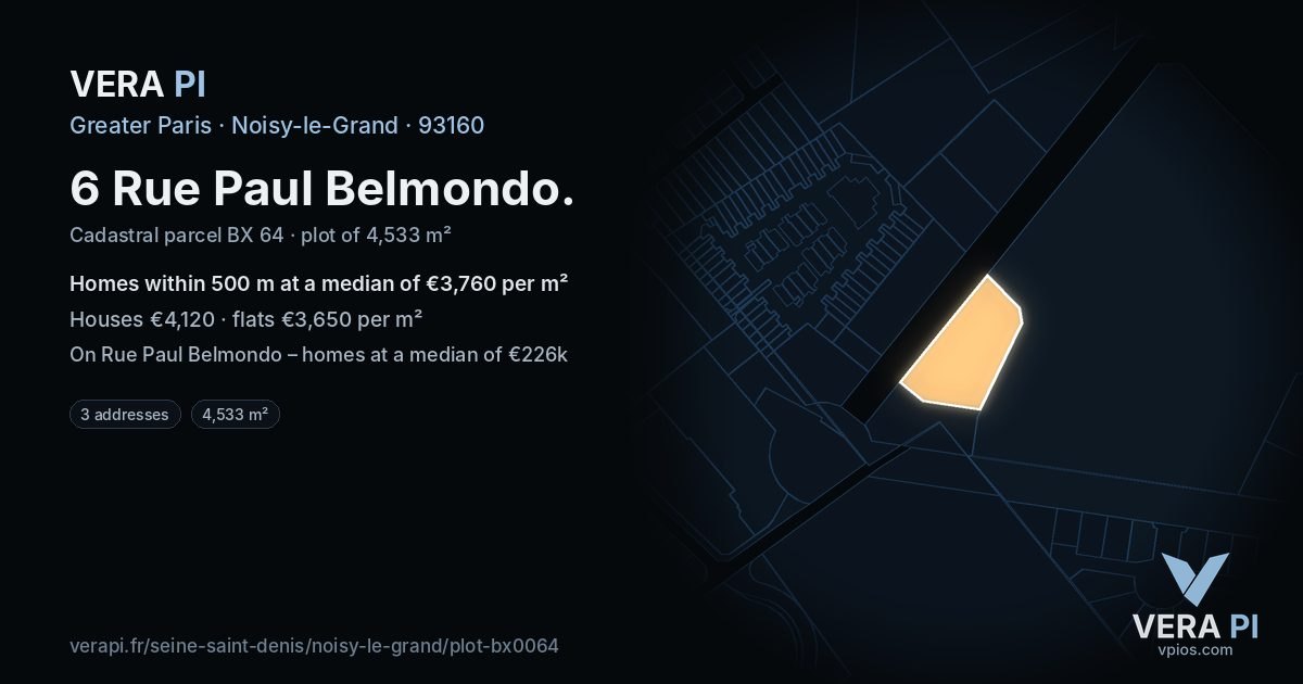 6 Rue Paul Belmondo, Noisy-le-Grand at night – the plot lit, the parcels around coloured by the prices near them