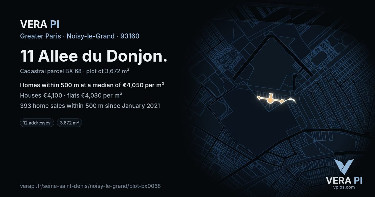 11 Allee du Donjon, Noisy-le-Grand at night – the plot lit, the parcels around coloured by the prices near them
