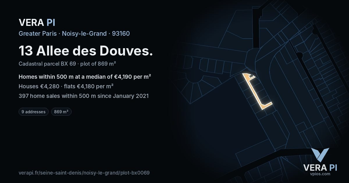 13 Allee des Douves, Noisy-le-Grand at night – the plot lit, the parcels around coloured by the prices near them