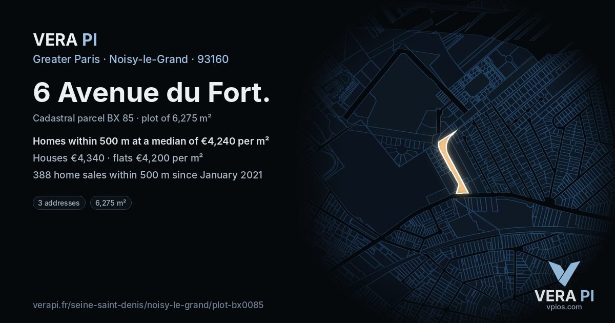 6 Avenue du Fort, Noisy-le-Grand at night – the plot lit, the parcels around coloured by the prices near them
