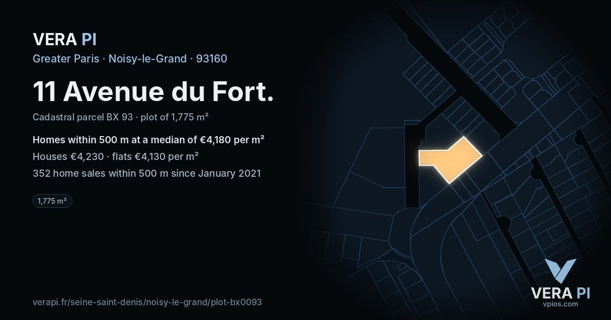 11 Avenue du Fort, Noisy-le-Grand at night – the plot lit, the parcels around coloured by the prices near them