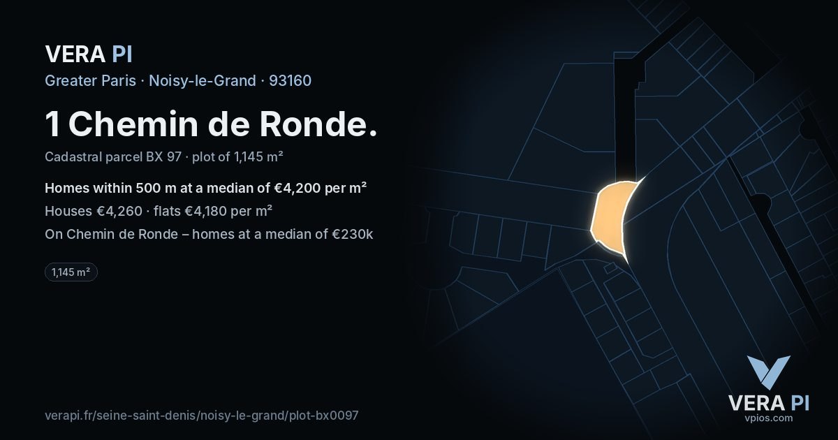 1 Chemin de Ronde, Noisy-le-Grand at night – the plot lit, the parcels around coloured by the prices near them