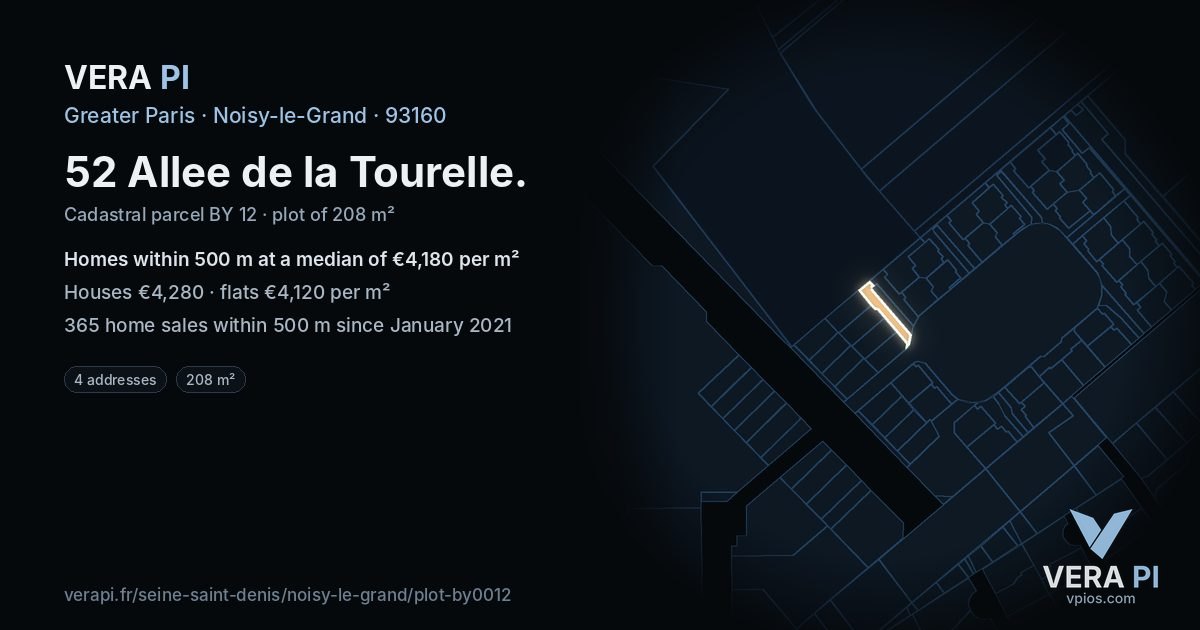 52 Allee de la Tourelle, Noisy-le-Grand at night – the plot lit, the parcels around coloured by the prices near them