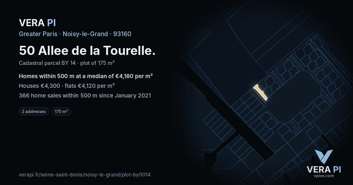 50 Allee de la Tourelle, Noisy-le-Grand at night – the plot lit, the parcels around coloured by the prices near them