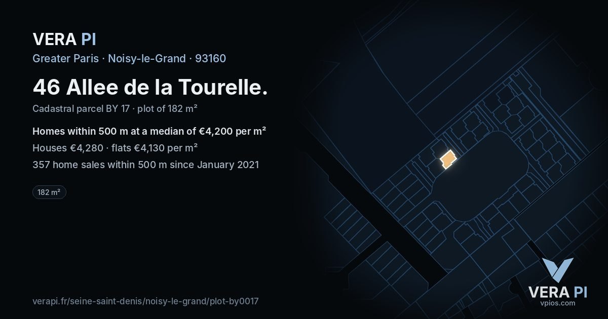 46 Allee de la Tourelle, Noisy-le-Grand at night – the plot lit, the parcels around coloured by the prices near them