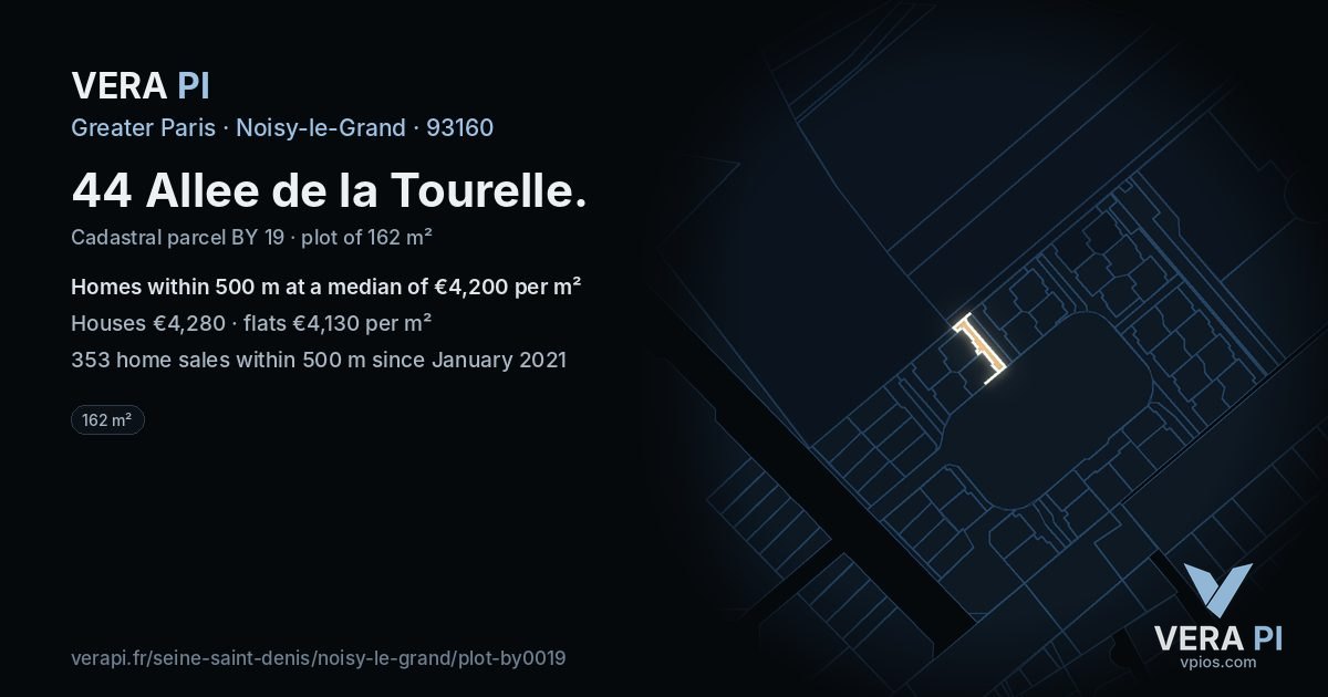 44 Allee de la Tourelle, Noisy-le-Grand at night – the plot lit, the parcels around coloured by the prices near them