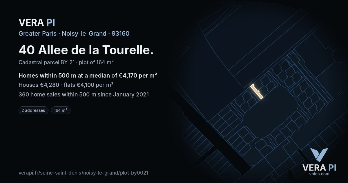 40 Allee de la Tourelle, Noisy-le-Grand at night – the plot lit, the parcels around coloured by the prices near them