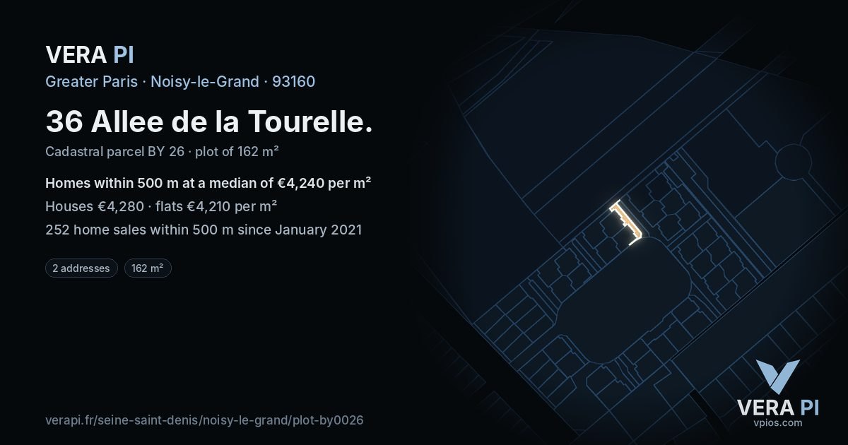 36 Allee de la Tourelle, Noisy-le-Grand at night – the plot lit, the parcels around coloured by the prices near them