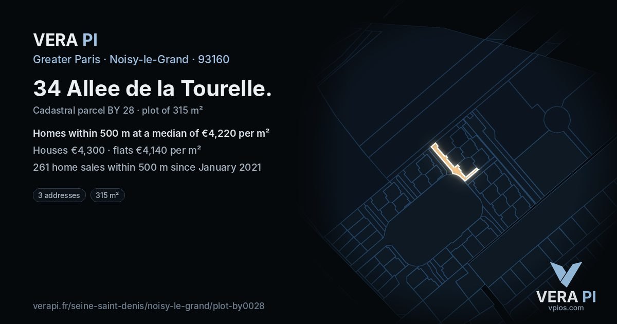 34 Allee de la Tourelle, Noisy-le-Grand at night – the plot lit, the parcels around coloured by the prices near them