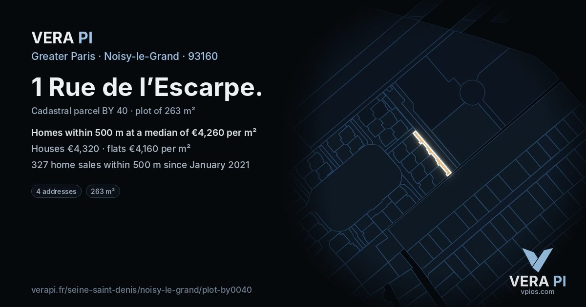 1 Rue de l’Escarpe, Noisy-le-Grand at night – the plot lit, the parcels around coloured by the prices near them