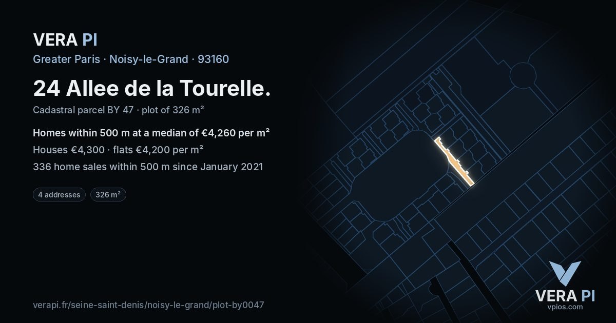 24 Allee de la Tourelle, Noisy-le-Grand at night – the plot lit, the parcels around coloured by the prices near them