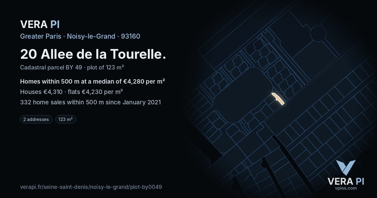 20 Allee de la Tourelle, Noisy-le-Grand at night – the plot lit, the parcels around coloured by the prices near them