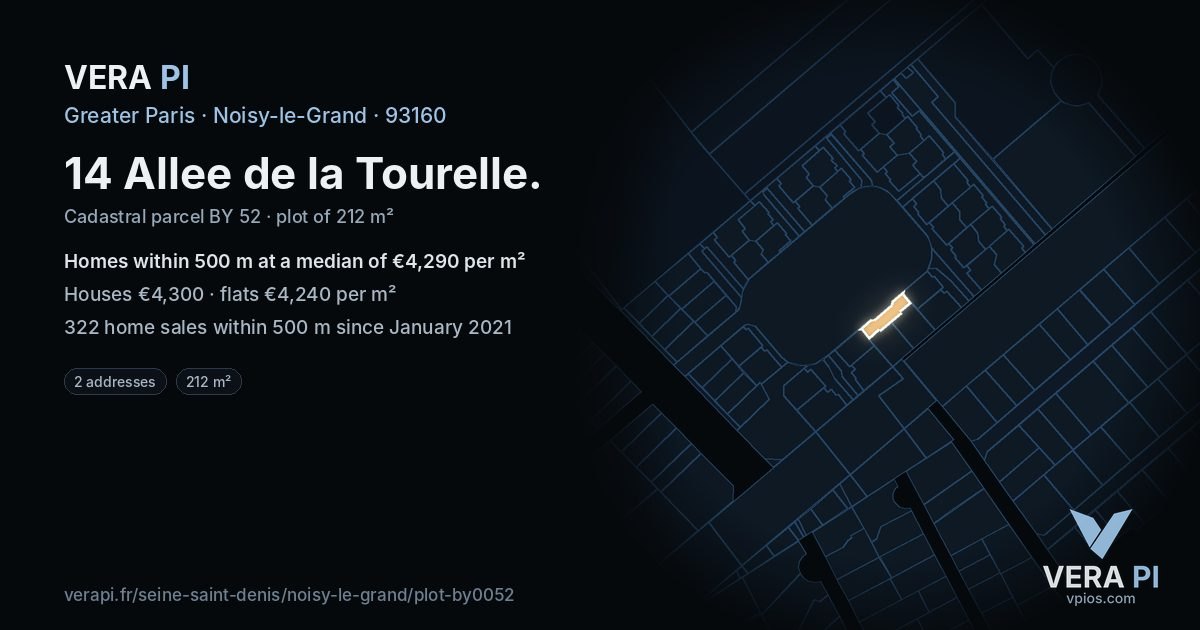 14 Allee de la Tourelle, Noisy-le-Grand at night – the plot lit, the parcels around coloured by the prices near them