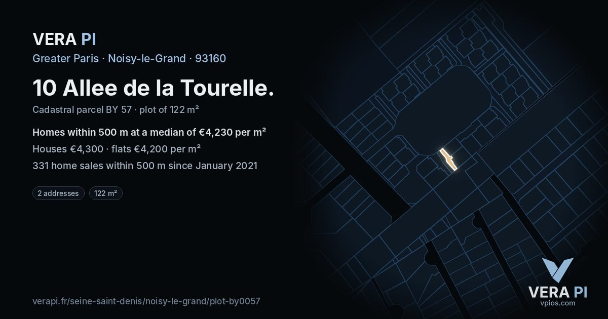 10 Allee de la Tourelle, Noisy-le-Grand at night – the plot lit, the parcels around coloured by the prices near them