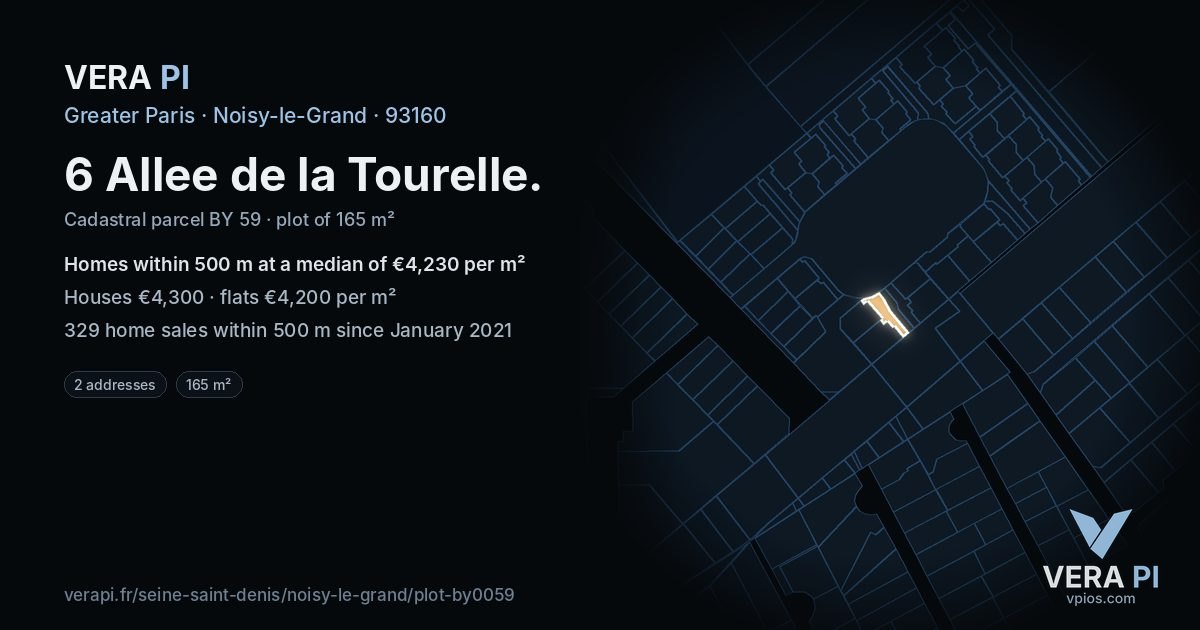 6 Allee de la Tourelle, Noisy-le-Grand at night – the plot lit, the parcels around coloured by the prices near them