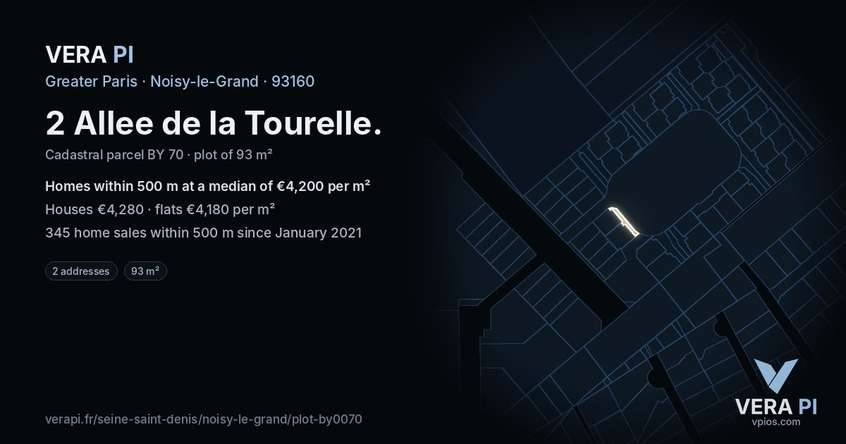 2 Allee de la Tourelle, Noisy-le-Grand at night – the plot lit, the parcels around coloured by the prices near them