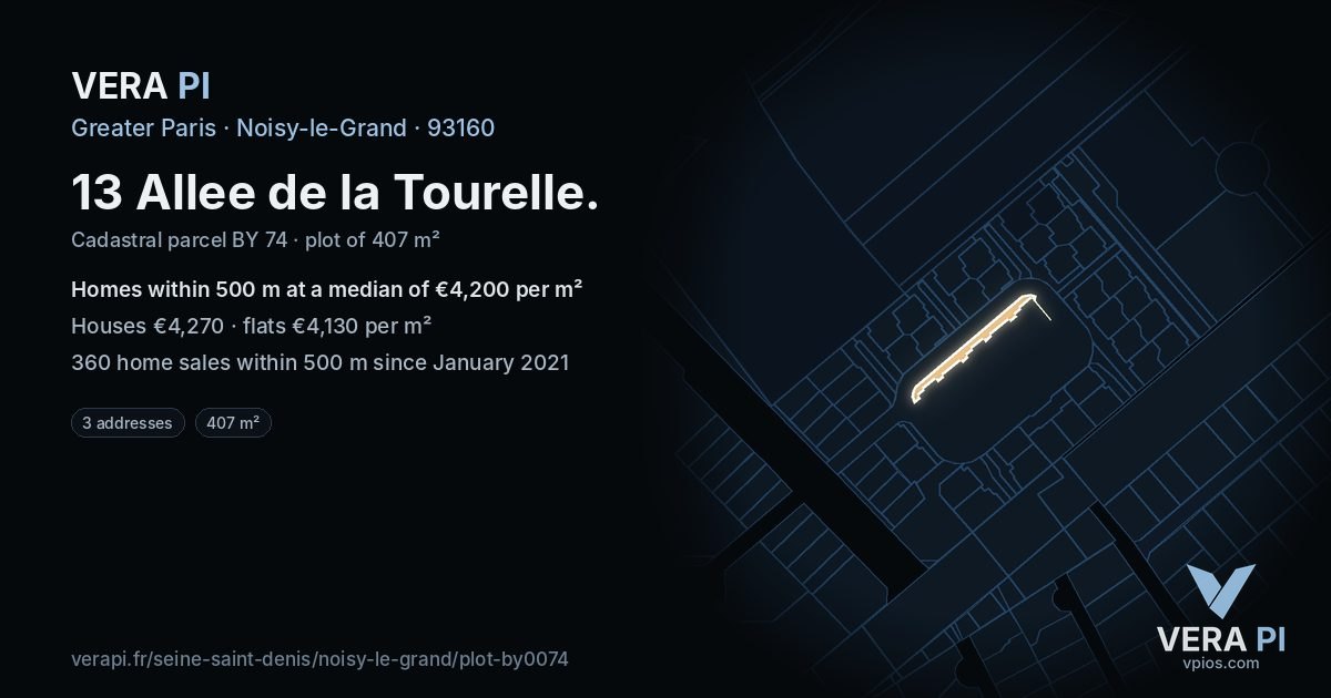 13 Allee de la Tourelle, Noisy-le-Grand at night – the plot lit, the parcels around coloured by the prices near them