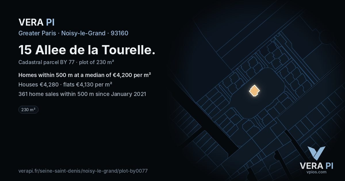 15 Allee de la Tourelle, Noisy-le-Grand at night – the plot lit, the parcels around coloured by the prices near them