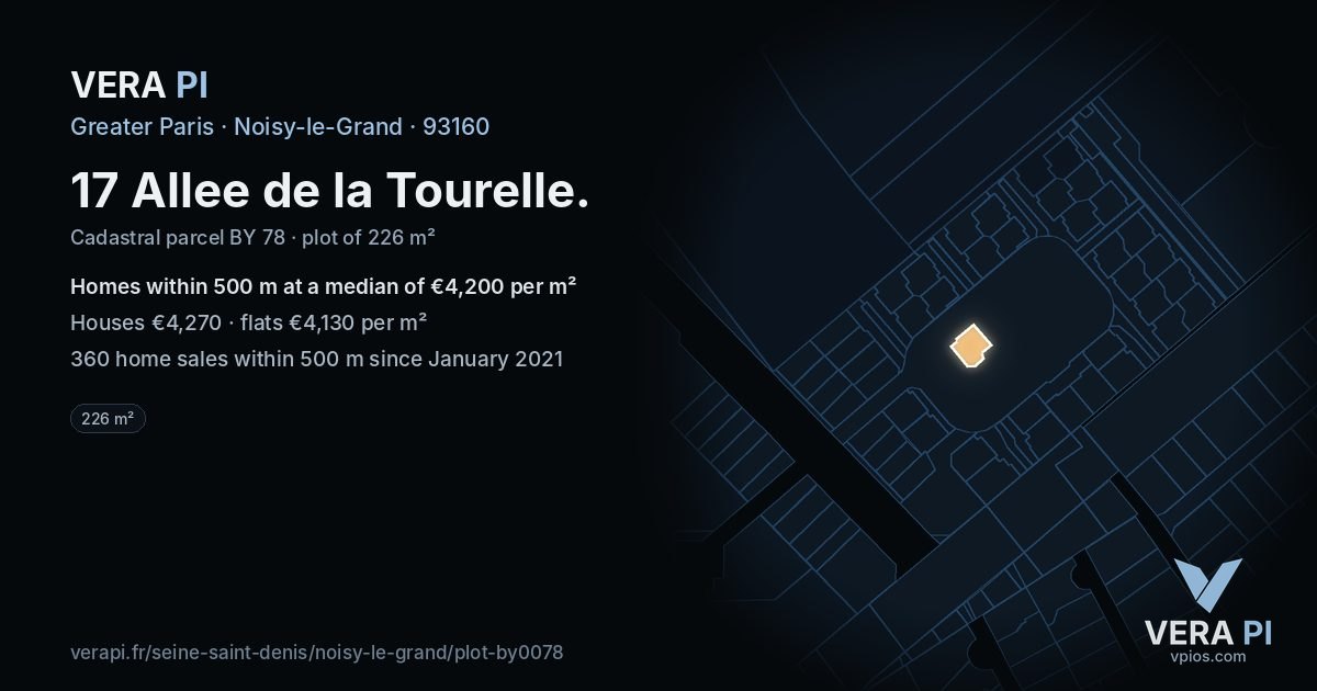 17 Allee de la Tourelle, Noisy-le-Grand at night – the plot lit, the parcels around coloured by the prices near them