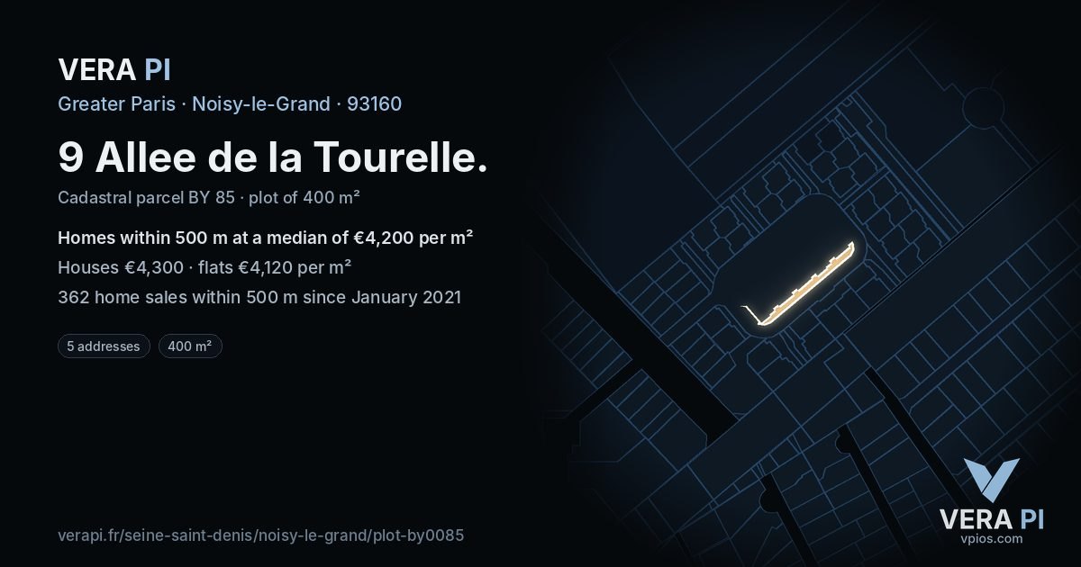 9 Allee de la Tourelle, Noisy-le-Grand at night – the plot lit, the parcels around coloured by the prices near them