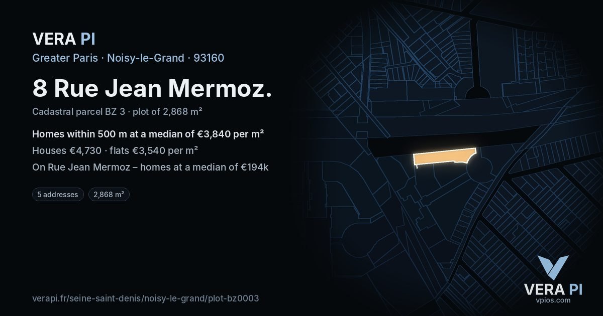 8 Rue Jean Mermoz, Noisy-le-Grand at night – the plot lit, the parcels around coloured by the prices near them