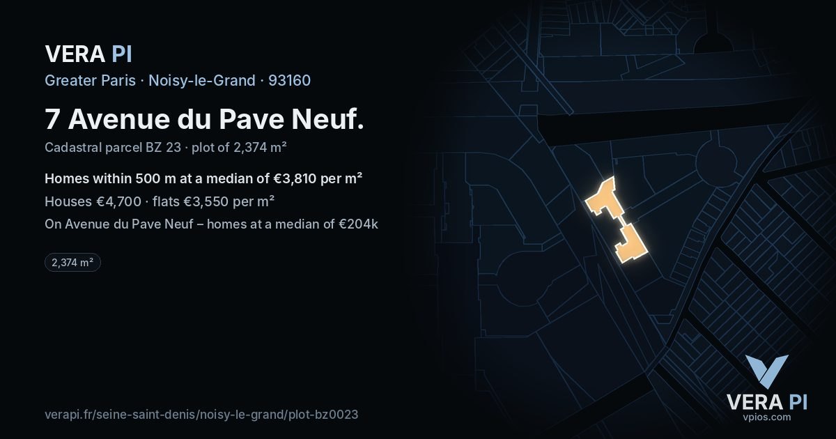 7 Avenue du Pave Neuf, Noisy-le-Grand at night – the plot lit, the parcels around coloured by the prices near them