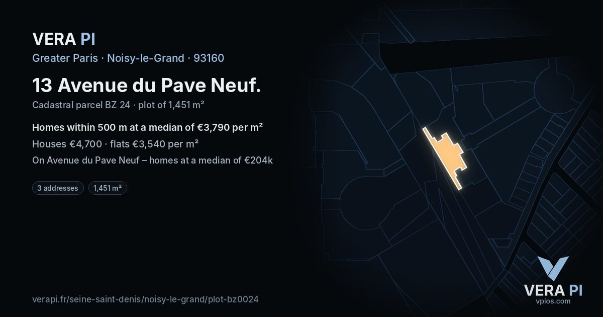 13 Avenue du Pave Neuf, Noisy-le-Grand at night – the plot lit, the parcels around coloured by the prices near them