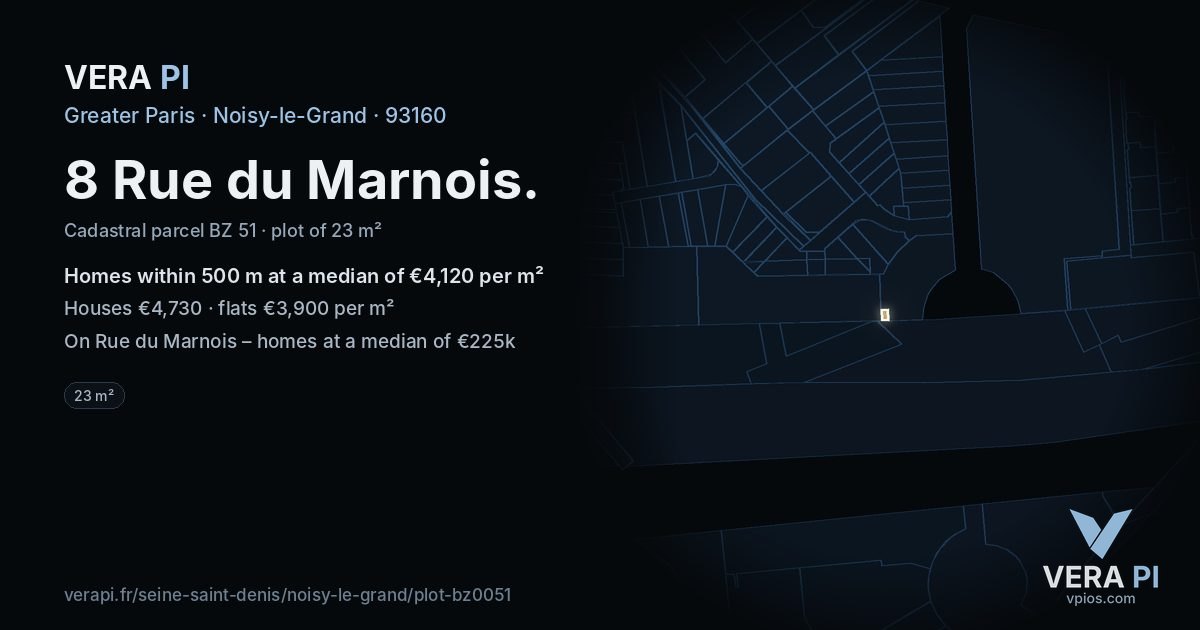 8 Rue du Marnois, Noisy-le-Grand at night – the plot lit, the parcels around coloured by the prices near them