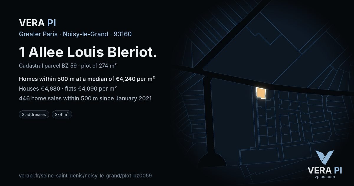 1 Allee Louis Bleriot, Noisy-le-Grand at night – the plot lit, the parcels around coloured by the prices near them