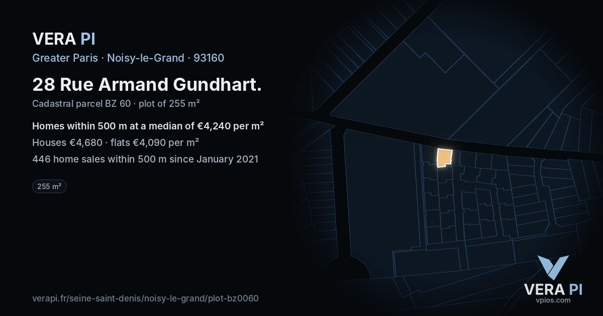 28 Rue Armand Gundhart, Noisy-le-Grand at night – the plot lit, the parcels around coloured by the prices near them