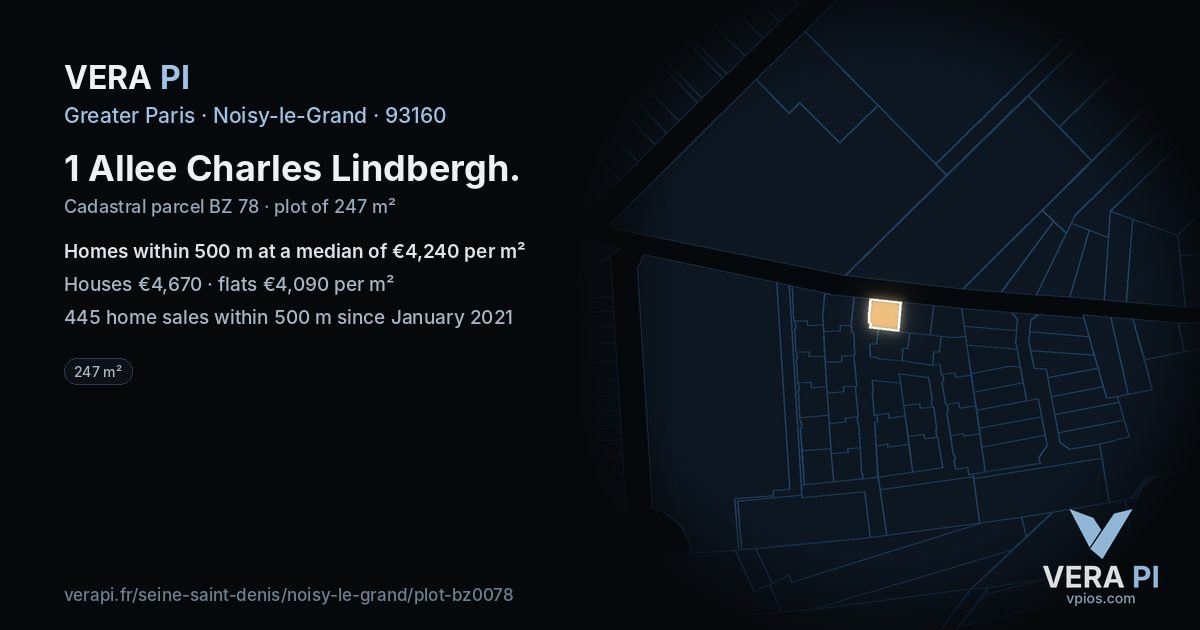 1 Allee Charles Lindbergh, Noisy-le-Grand at night – the plot lit, the parcels around coloured by the prices near them