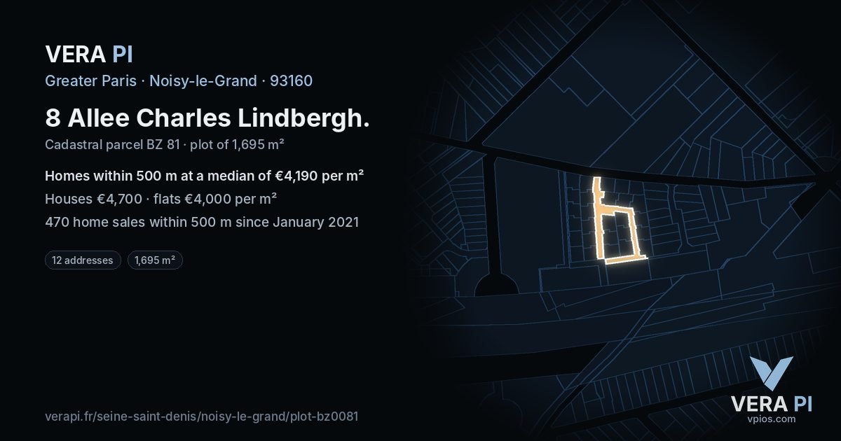 8 Allee Charles Lindbergh, Noisy-le-Grand at night – the plot lit, the parcels around coloured by the prices near them