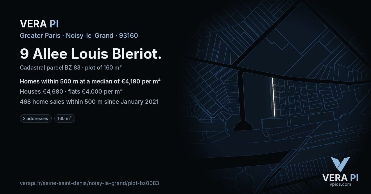 9 Allee Louis Bleriot, Noisy-le-Grand at night – the plot lit, the parcels around coloured by the prices near them