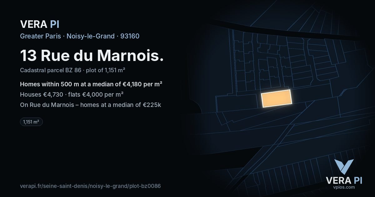 13 Rue du Marnois, Noisy-le-Grand at night – the plot lit, the parcels around coloured by the prices near them