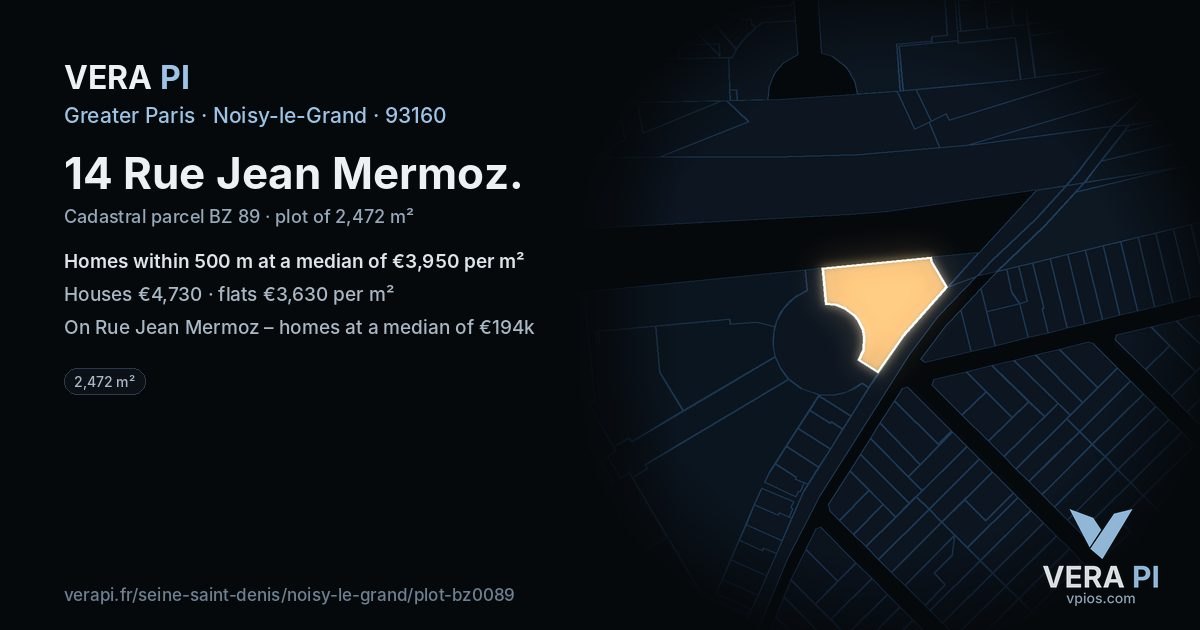 14 Rue Jean Mermoz, Noisy-le-Grand at night – the plot lit, the parcels around coloured by the prices near them