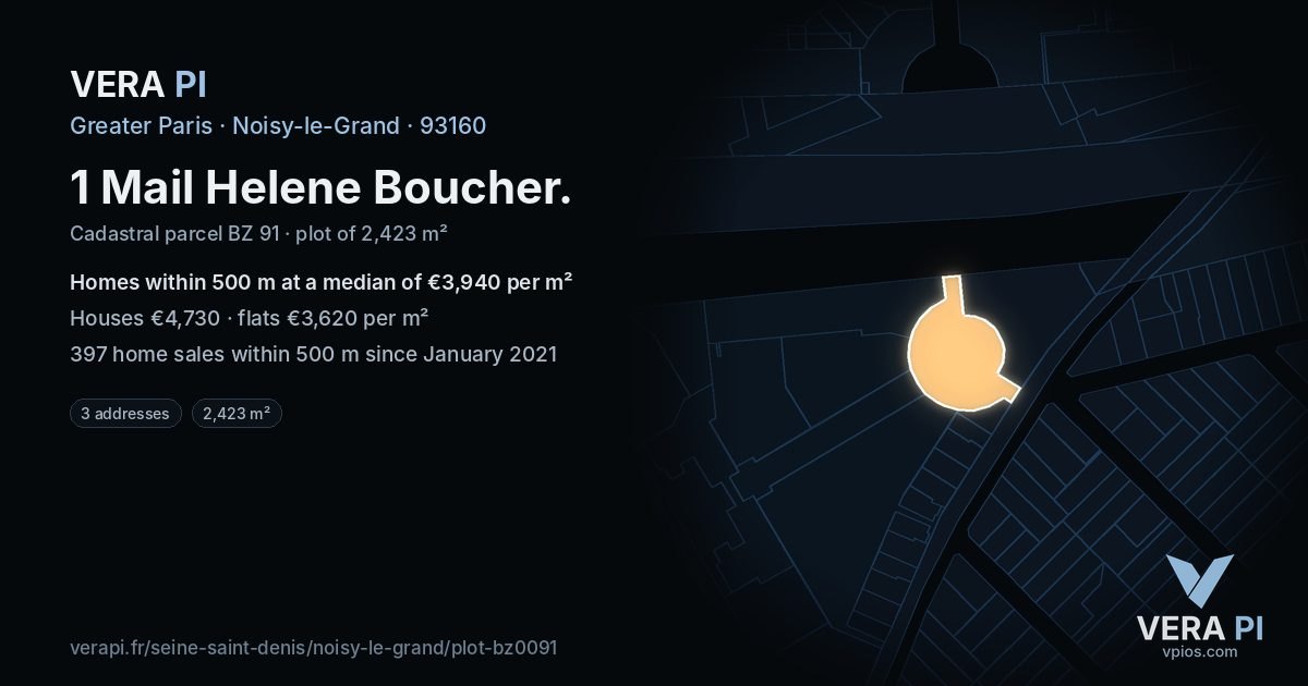 1 Mail Helene Boucher, Noisy-le-Grand at night – the plot lit, the parcels around coloured by the prices near them