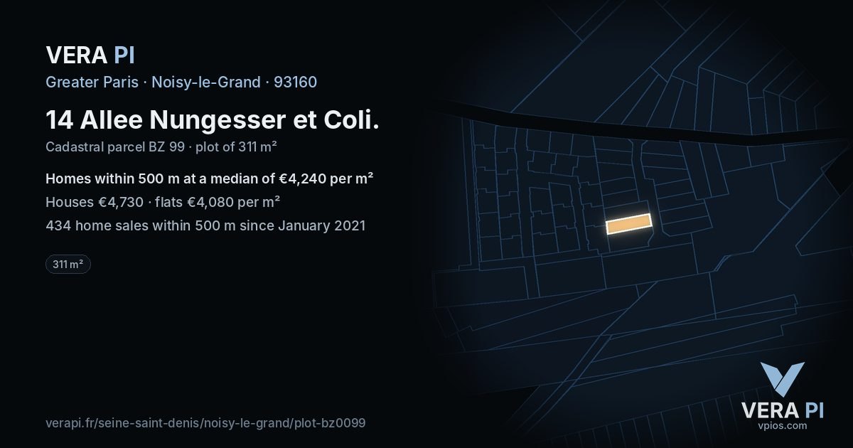 14 Allee Nungesser et Coli, Noisy-le-Grand at night – the plot lit, the parcels around coloured by the prices near them