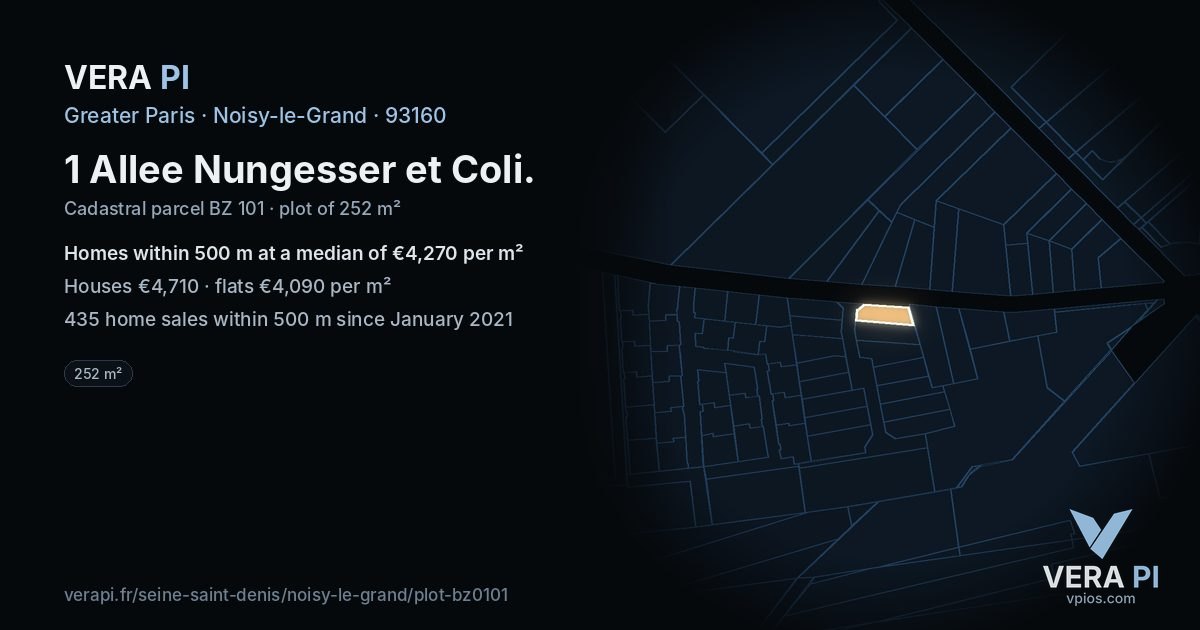 1 Allee Nungesser et Coli, Noisy-le-Grand at night – the plot lit, the parcels around coloured by the prices near them
