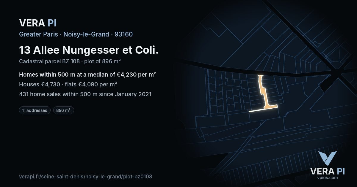 13 Allee Nungesser et Coli, Noisy-le-Grand at night – the plot lit, the parcels around coloured by the prices near them