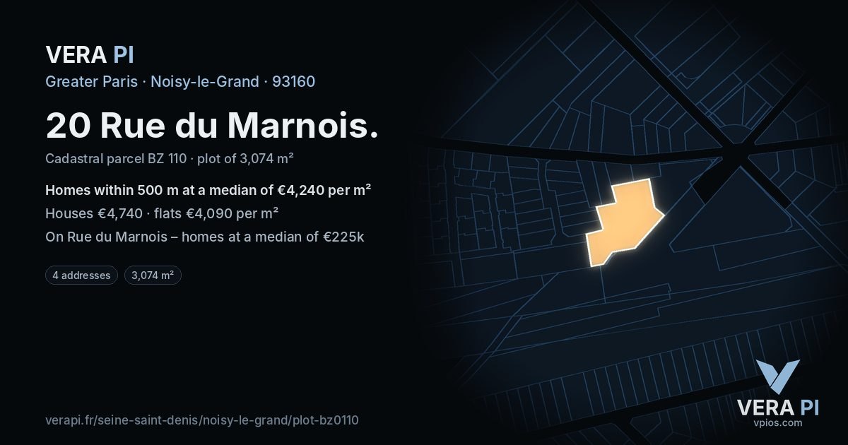 20 Rue du Marnois, Noisy-le-Grand at night – the plot lit, the parcels around coloured by the prices near them