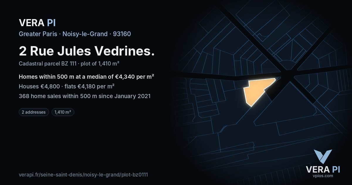 2 Rue Jules Vedrines, Noisy-le-Grand at night – the plot lit, the parcels around coloured by the prices near them