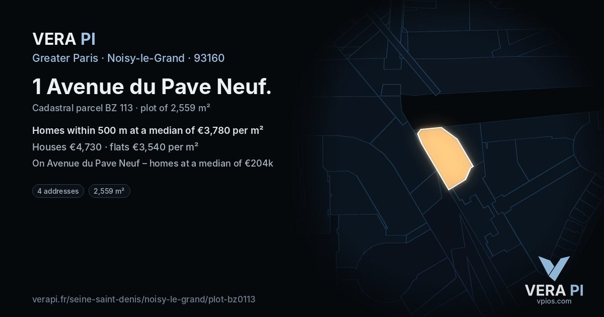 1 Avenue du Pave Neuf, Noisy-le-Grand at night – the plot lit, the parcels around coloured by the prices near them
